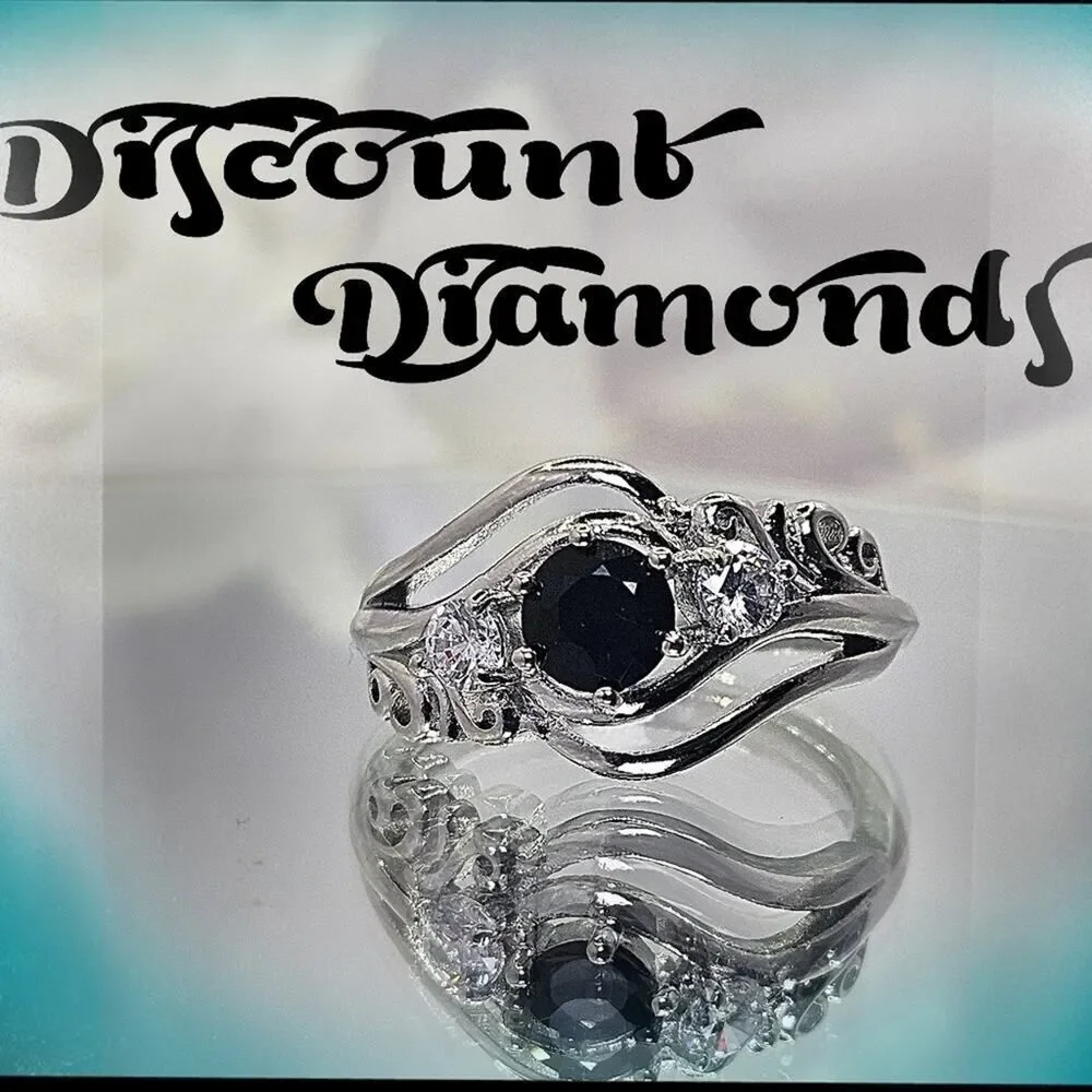 Black Round Onyx Cocktail Ring with Clear White Zircon on 925 Sterling Silver